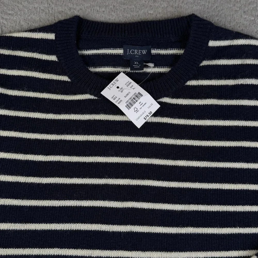 J CREW Sweater Men XL Navy Cream Striped Lambswool Blend Crew Neck Knit Pullover